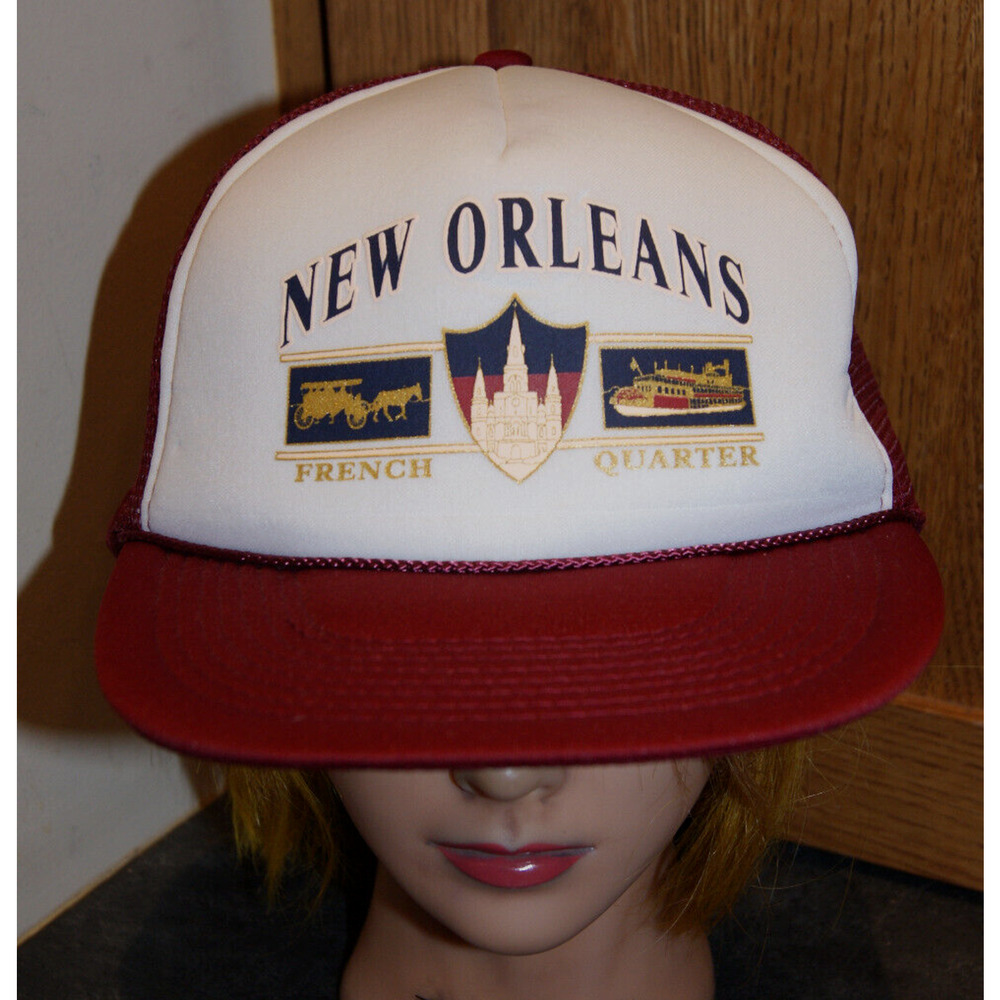 Vintage 90s New Orleans French Quarter Rope Maroon White Mesh Trucker Hat Cap